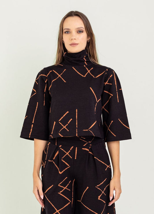 Batna Mock Neck Top in black stix by Bel Kazan