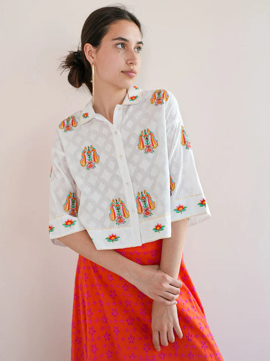 Thyme Parrot Embroidered Blouse in white jacquard by Nimo