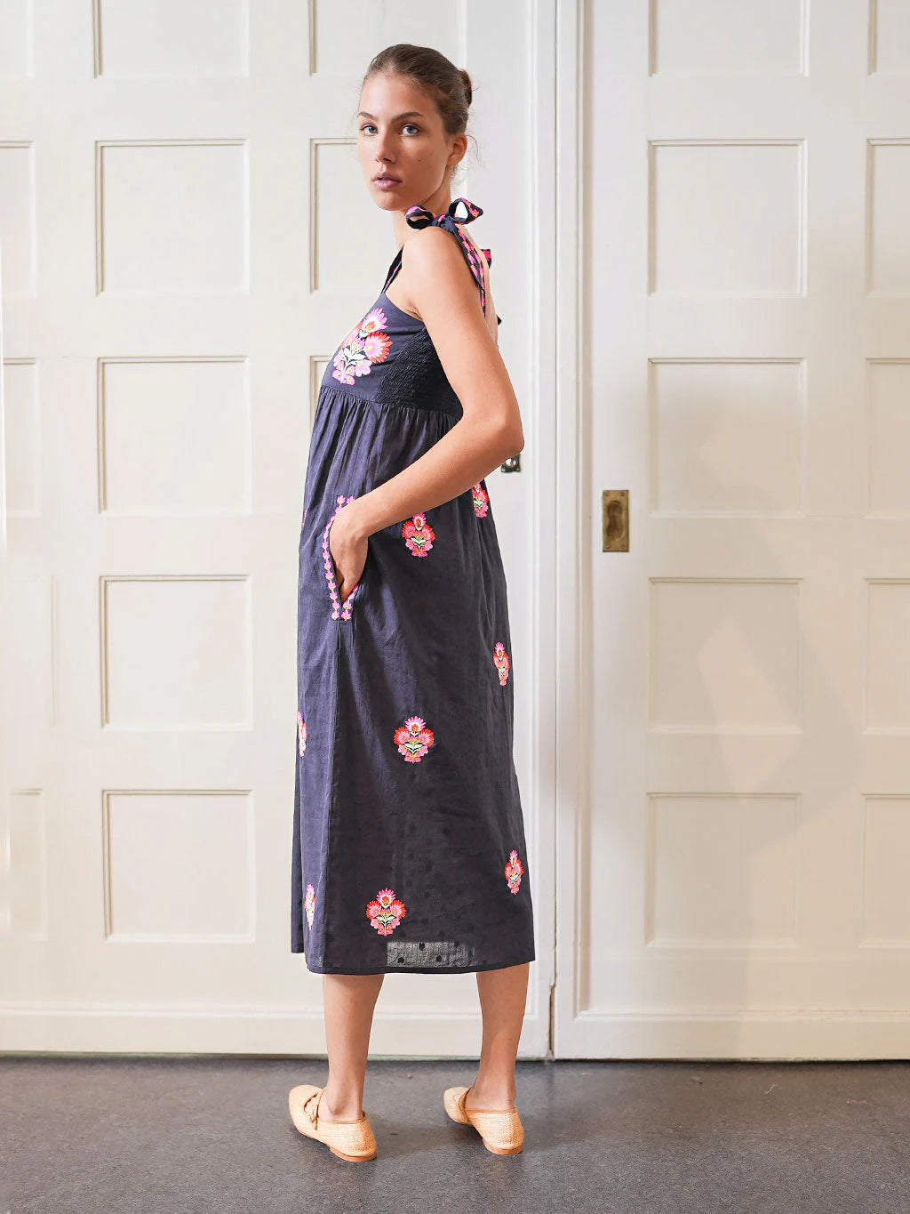 Agate Dress with Flower Bunch Embroidery in navy jacquard by Nimo