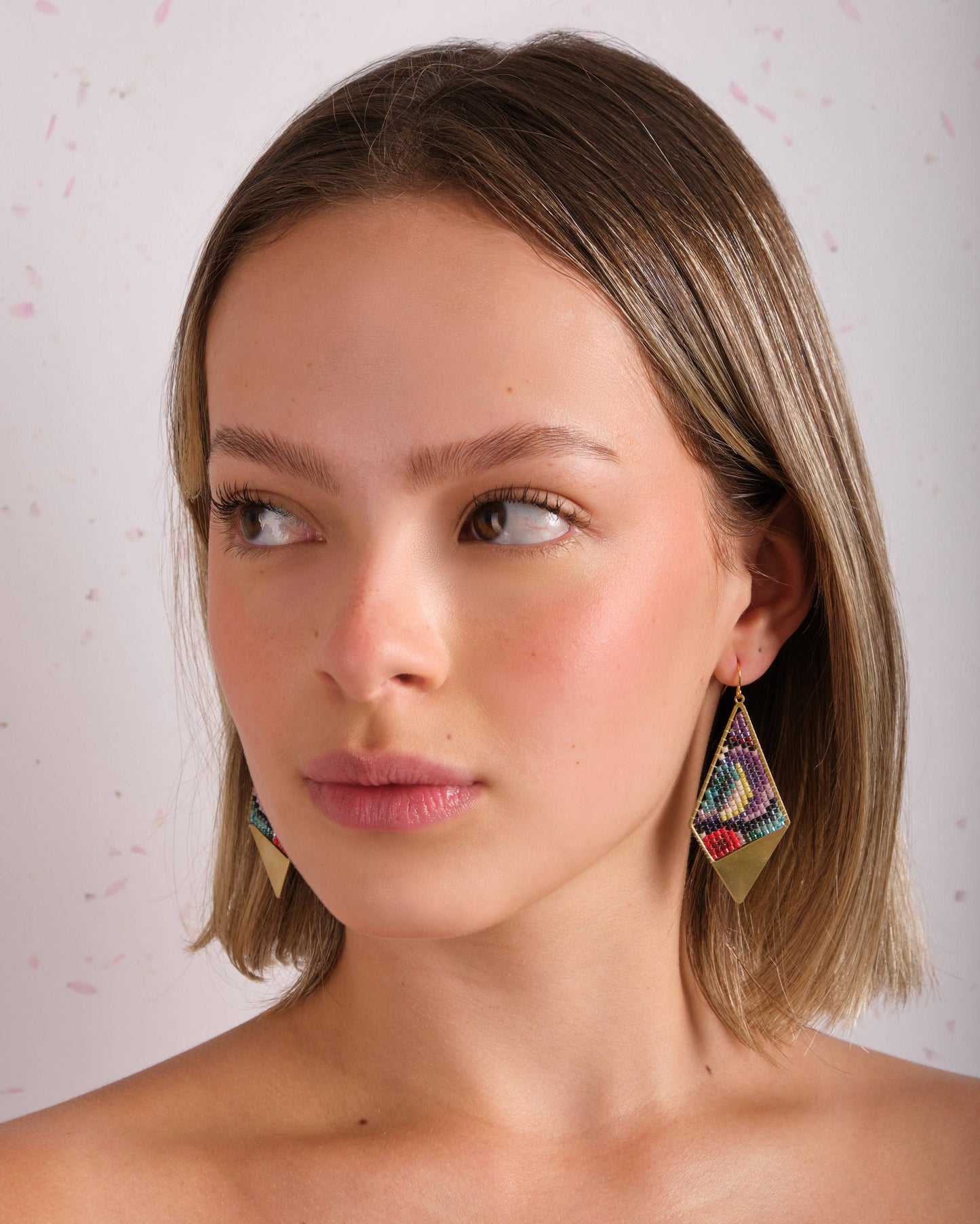 Beaded Handwoven Kaleidoscope Kite Earrings in pink/orange by Mayana