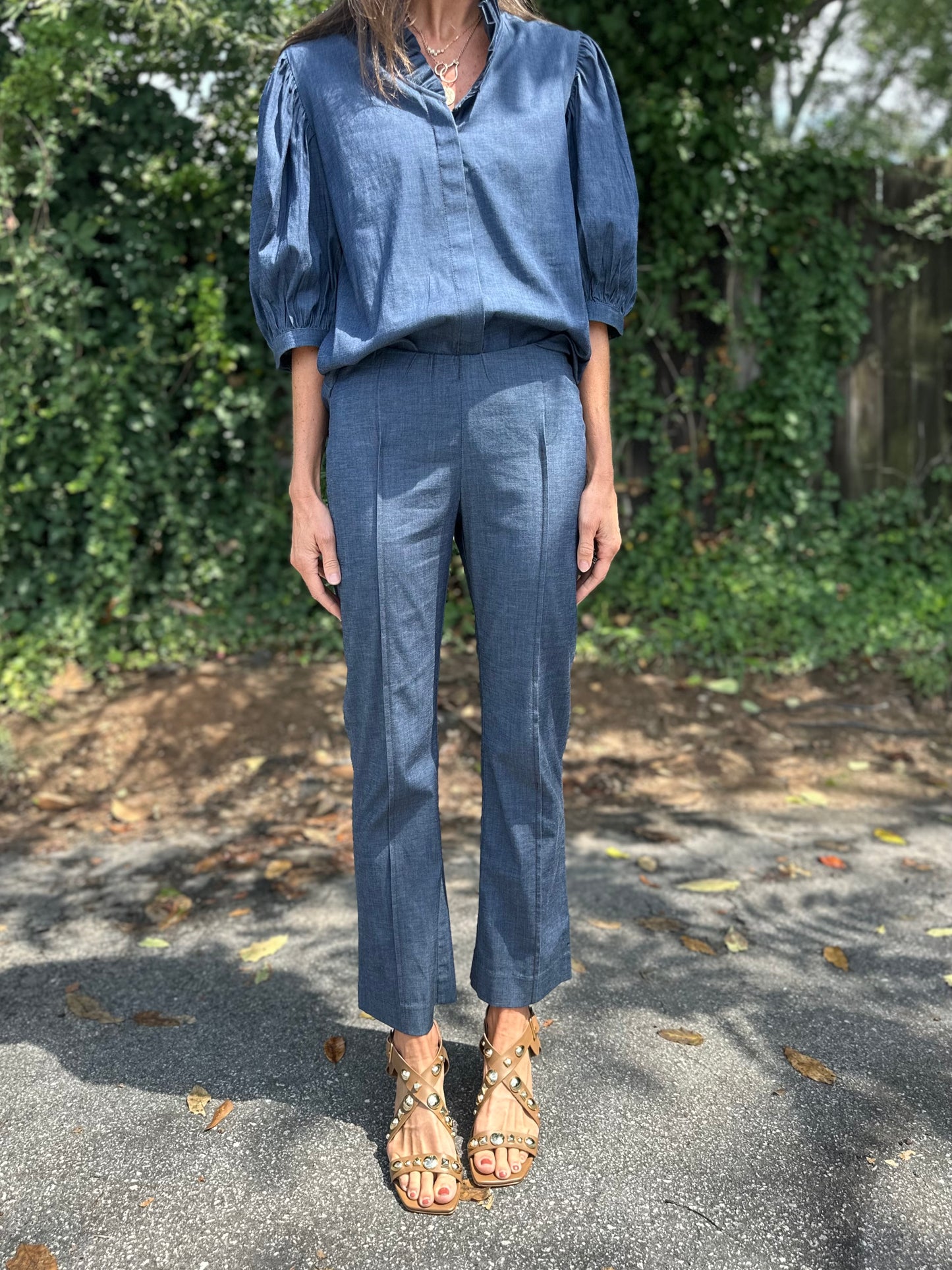 Laura Ruffle Front Top in stretch denim by Holly Shae