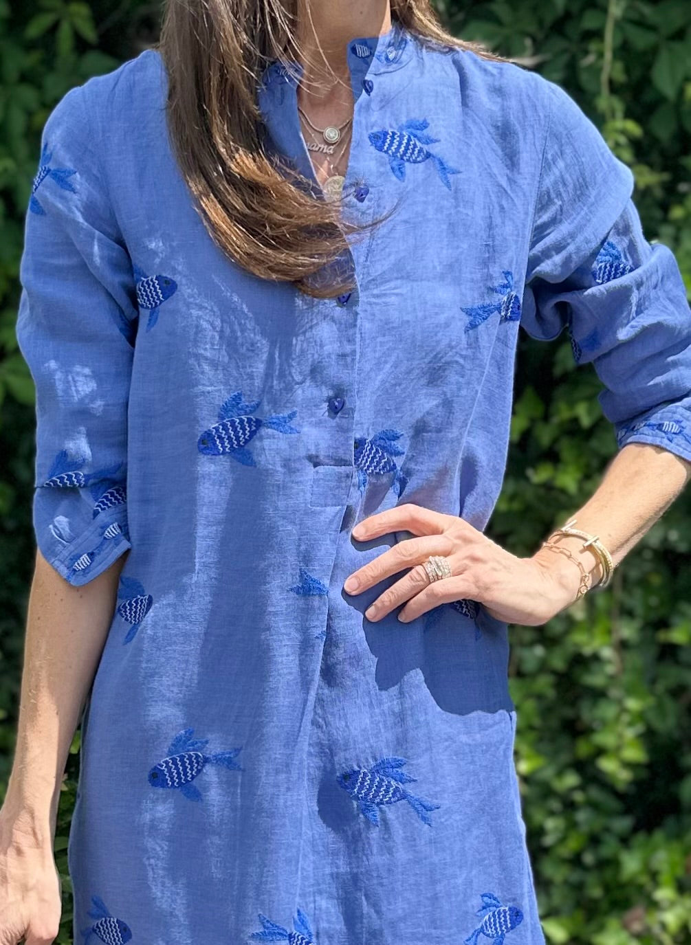 Cedar Kaftan with Fish Embroidery in blue by Nimo