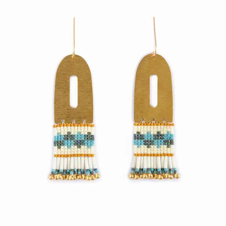 Beaded Handwoven Color Block Brass Earrings in green/aqua by Mayana