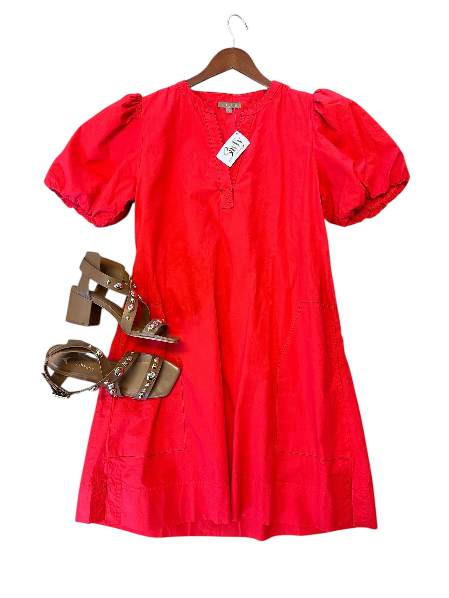 Shirred Sleeve Split Neck Dress in scarlet by Lilla P