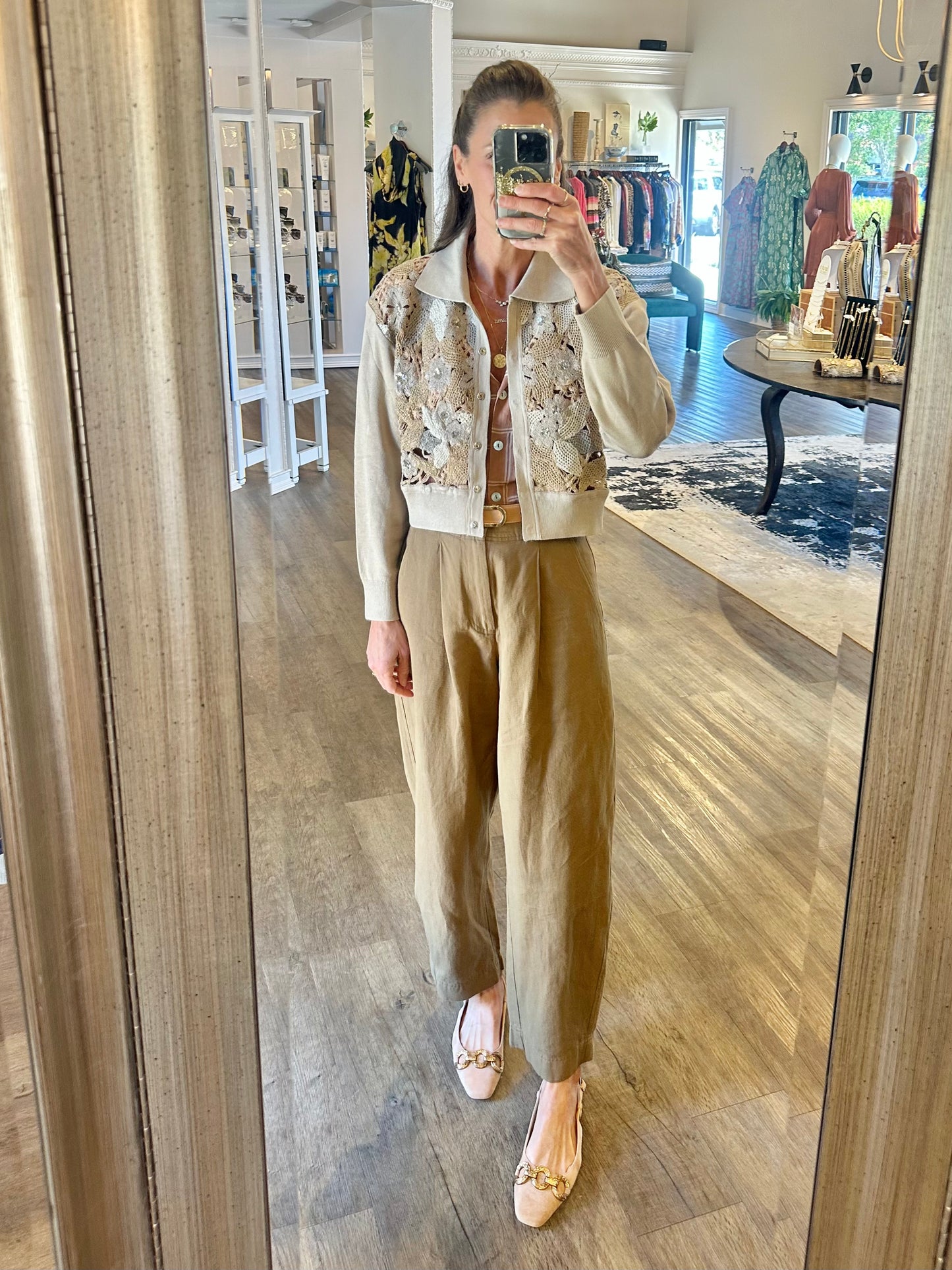 Galicia Lace Front Cardigan in beige by Conditions Apply