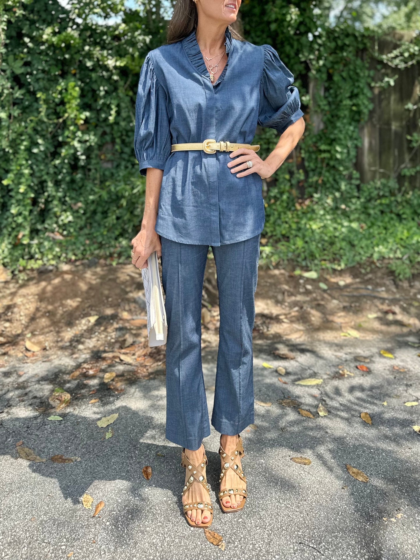 Laura Ruffle Front Top in stretch denim by Holly Shae