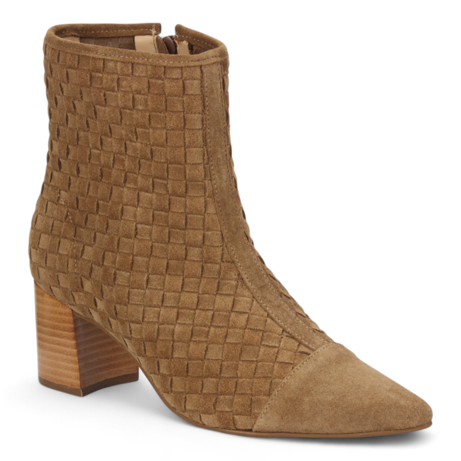 Henrietta Woven Suede Bootie in caramel by Bruno Menegatti