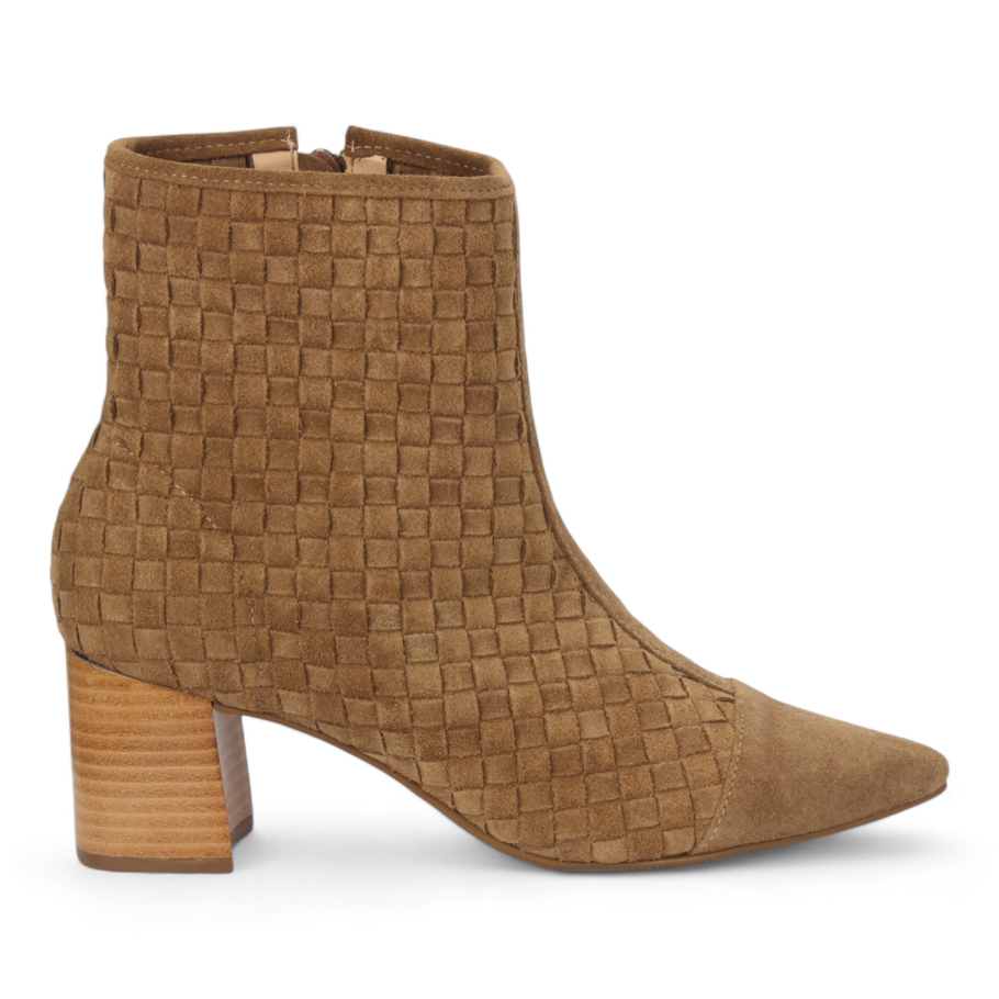 Henrietta Woven Suede Bootie in caramel by Bruno Menegatti