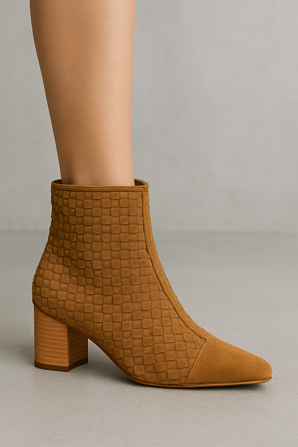 Henrietta Woven Suede Bootie in caramel by Bruno Menegatti