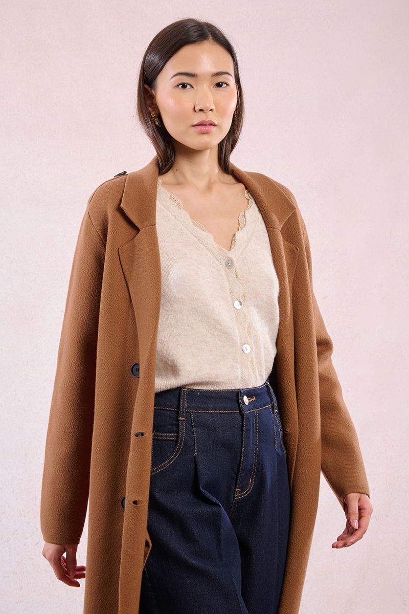 Long Sweater Coat in camel by Molly Bracken