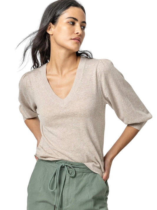 Puff Sleeve V-Neck Sweater in wheat by Lilla P