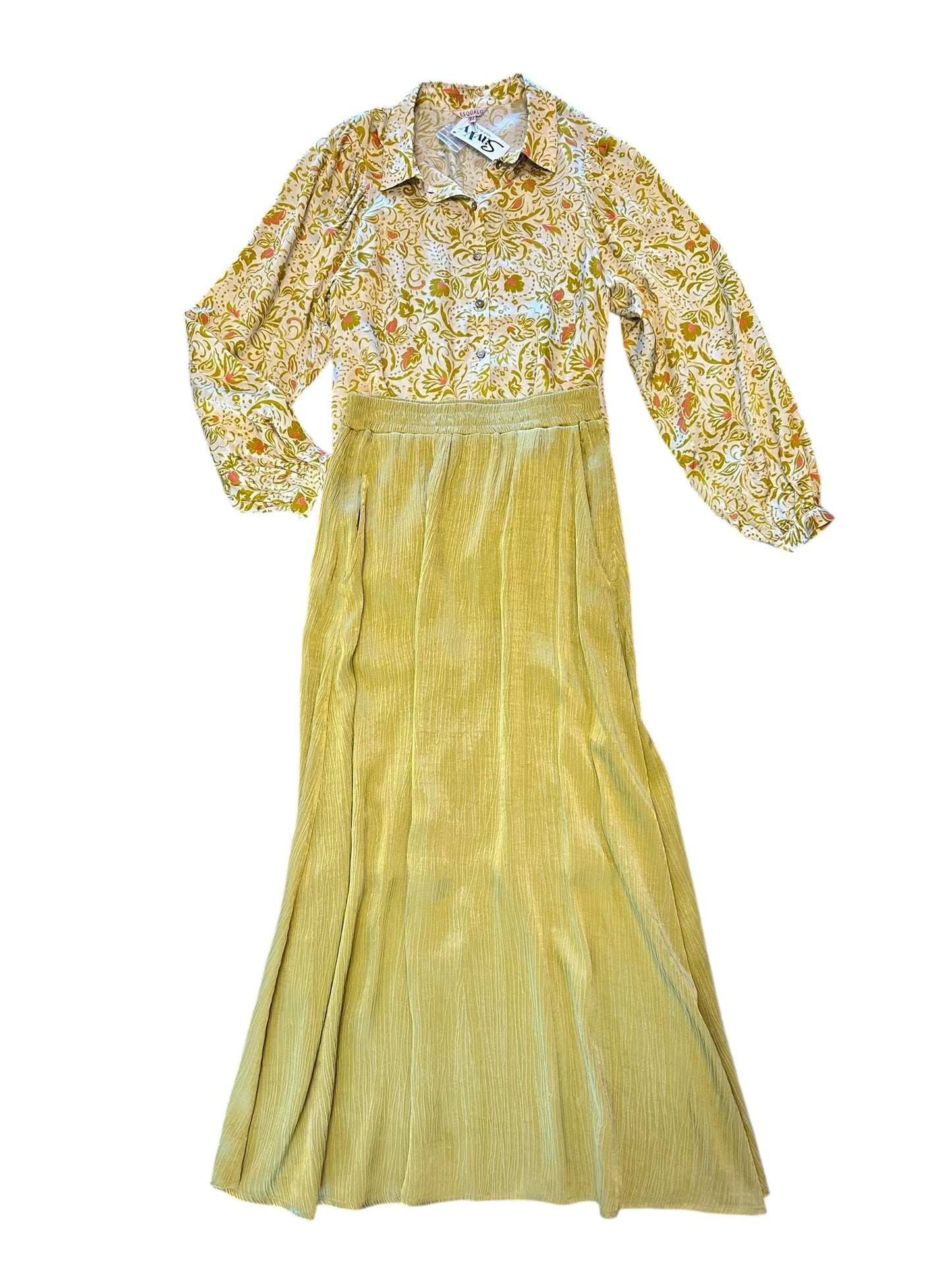 Long Sleeve Button Up Cheerful Printed Blouse in mustard by Esqualo