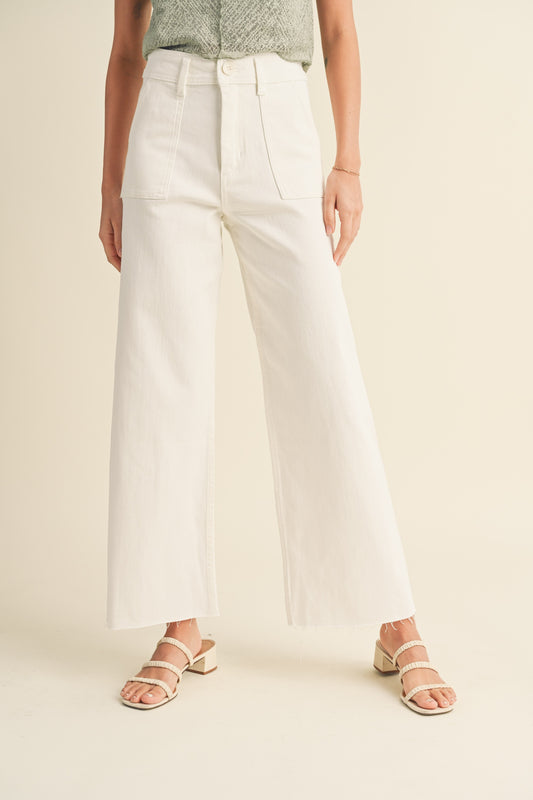 Cotton Stretch Wide Leg Jeans in cream by Miou Muse