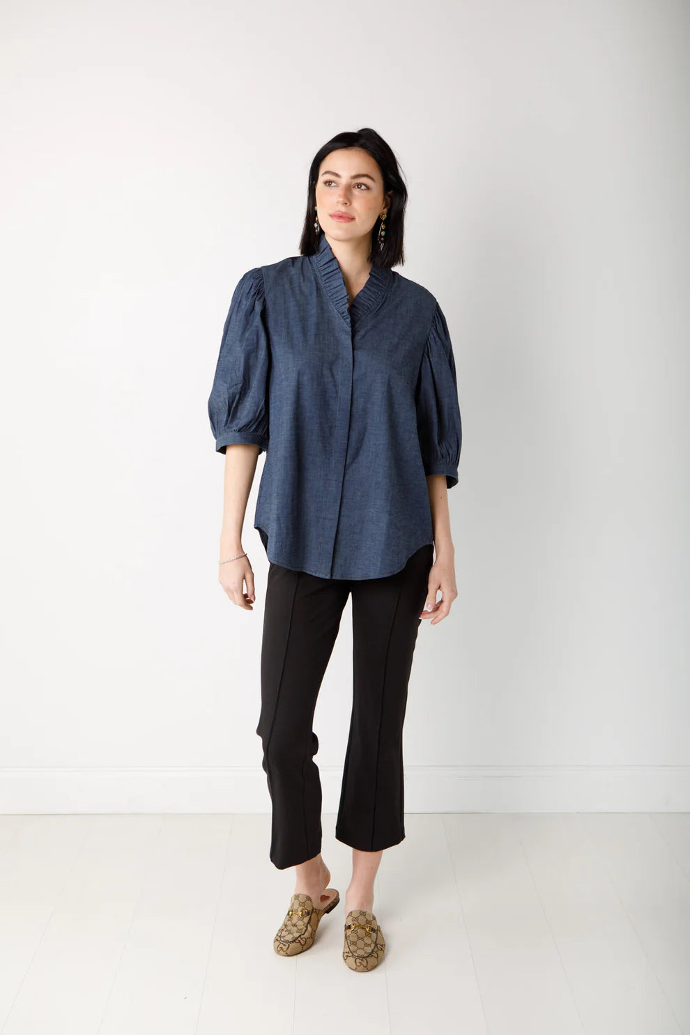 Laura Ruffle Front Top in stretch denim by Holly Shae