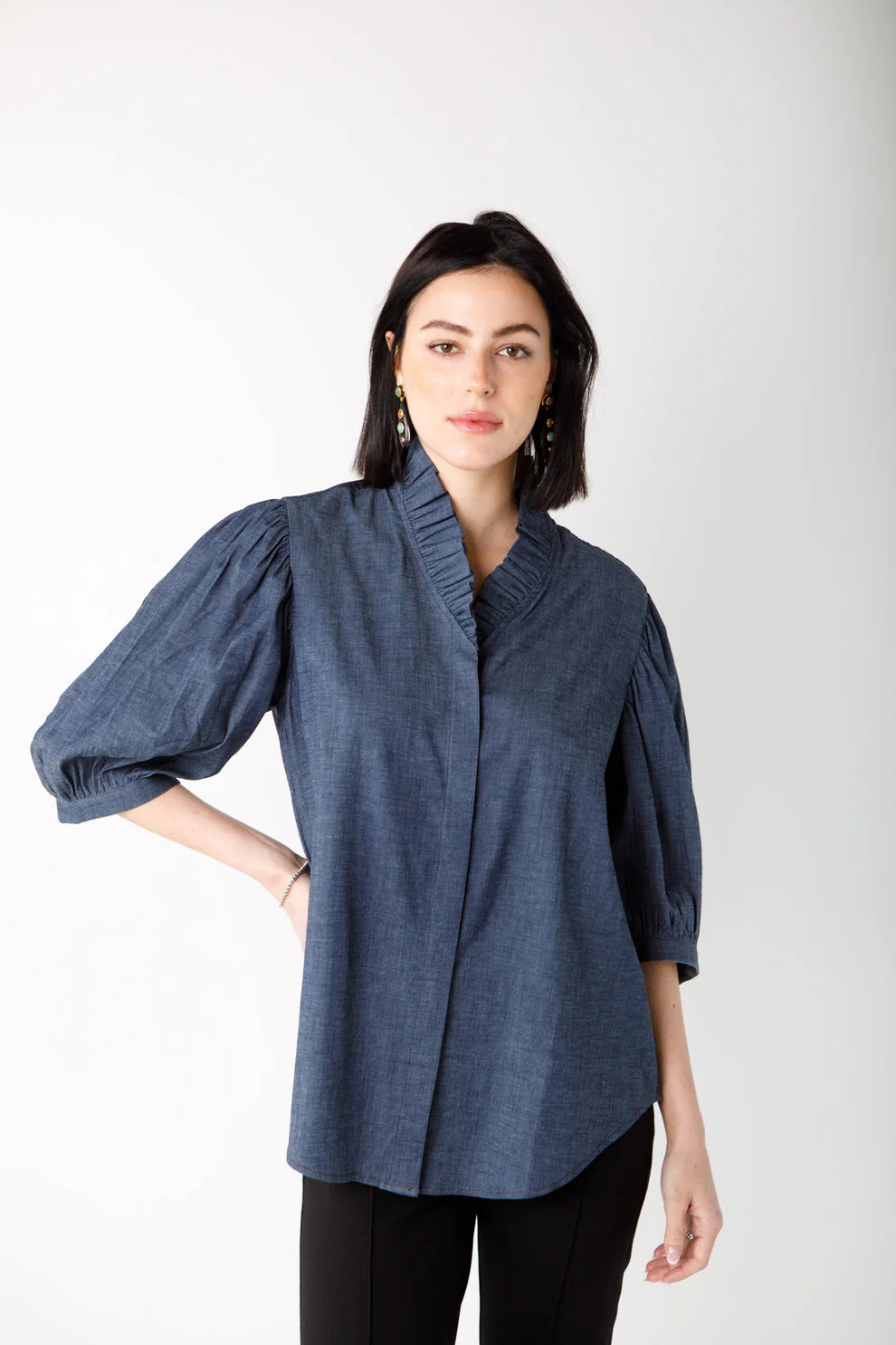 Laura Ruffle Front Top in stretch denim by Holly Shae