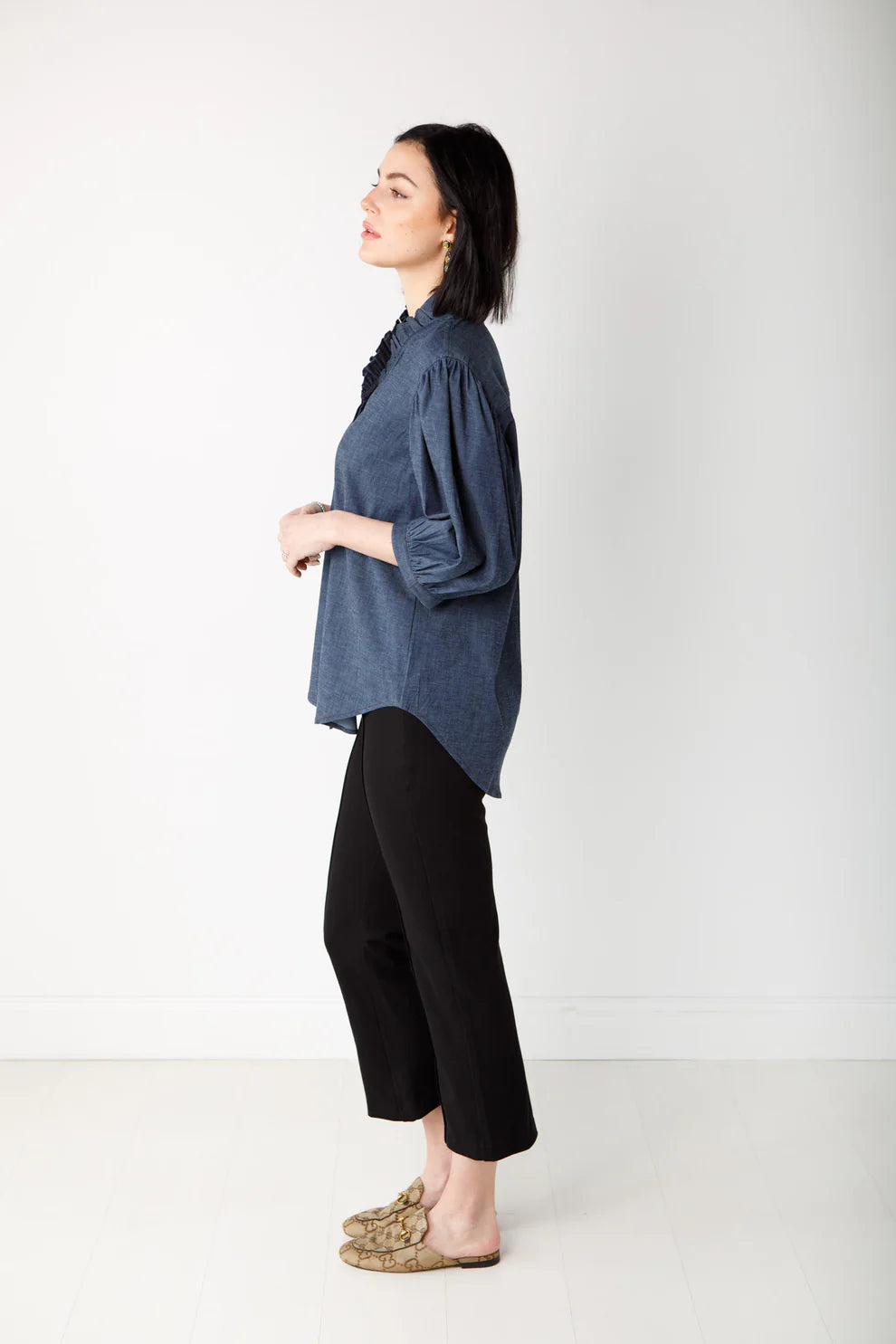 Laura Ruffle Front Top in stretch denim by Holly Shae
