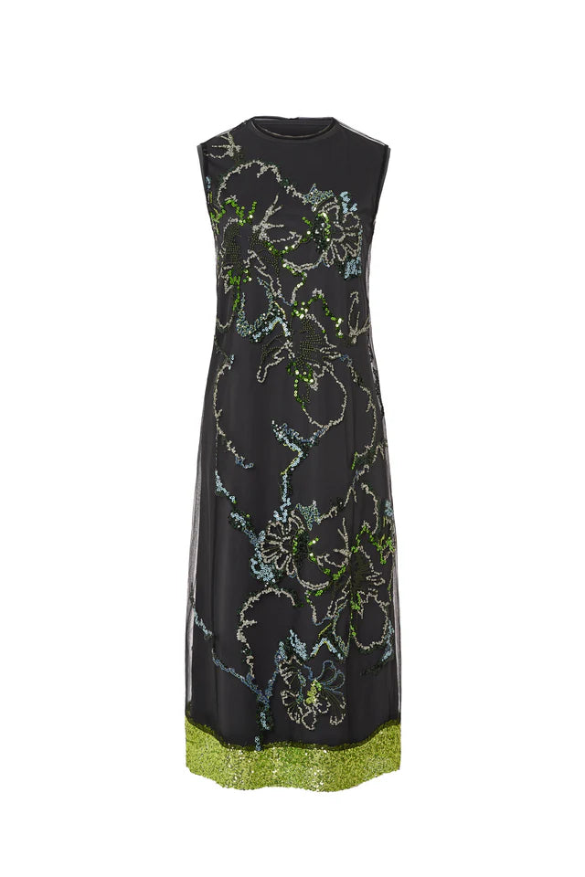 Sleeveless Floral Sequins Maxi Dress in green by Psophia