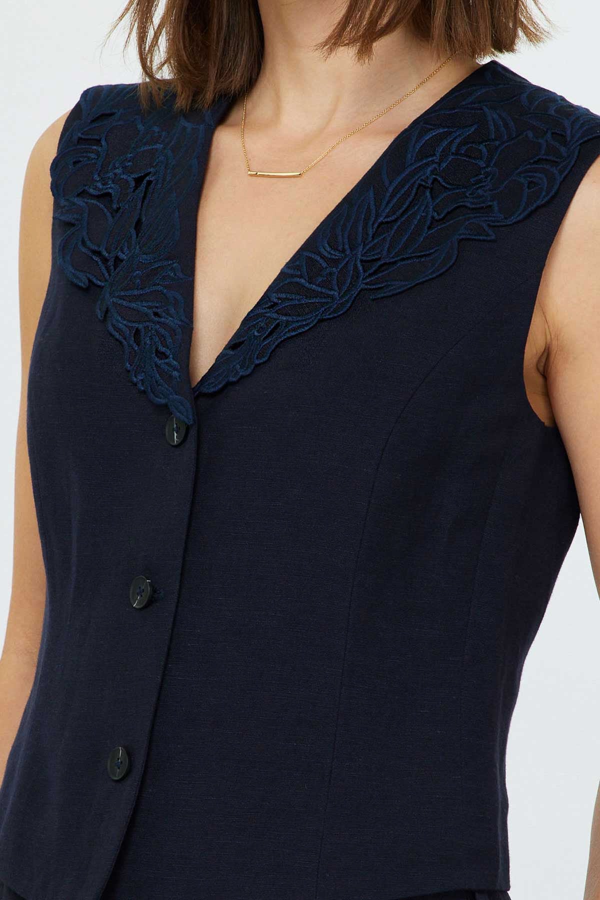 V-Neck Sleeveless Button Front Vest in navy by Current Air