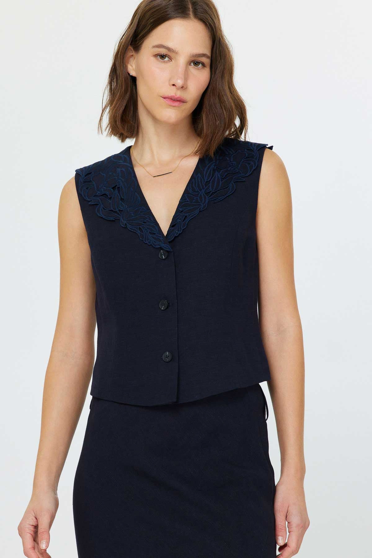 V-Neck Sleeveless Button Front Vest in navy by Current Air