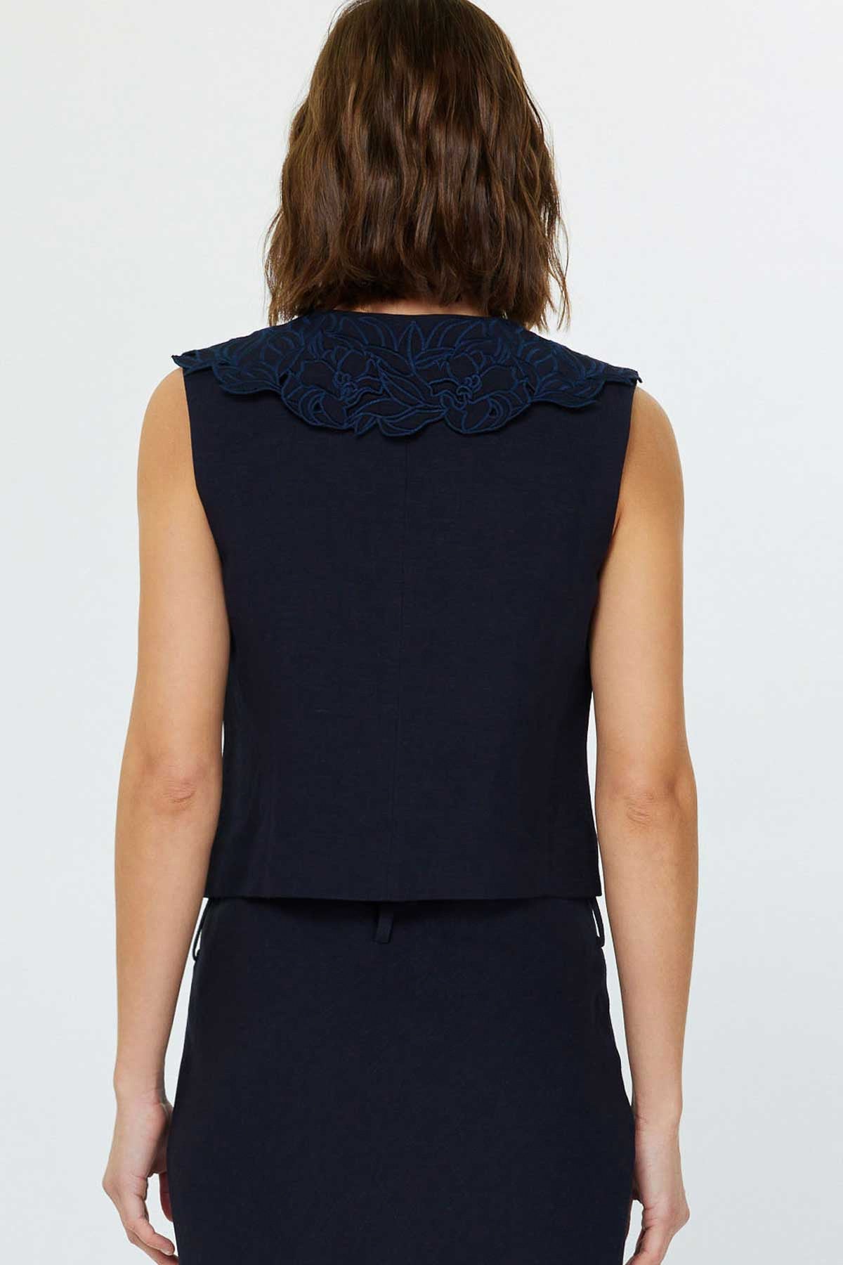 V-Neck Sleeveless Button Front Vest in navy by Current Air