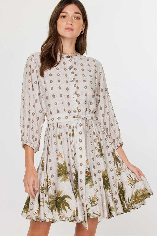 Printed Swing Dress with Coordinating Sash in sand by Current Air
