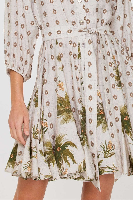 Printed Swing Dress with Coordinating Sash in sand by Current Air