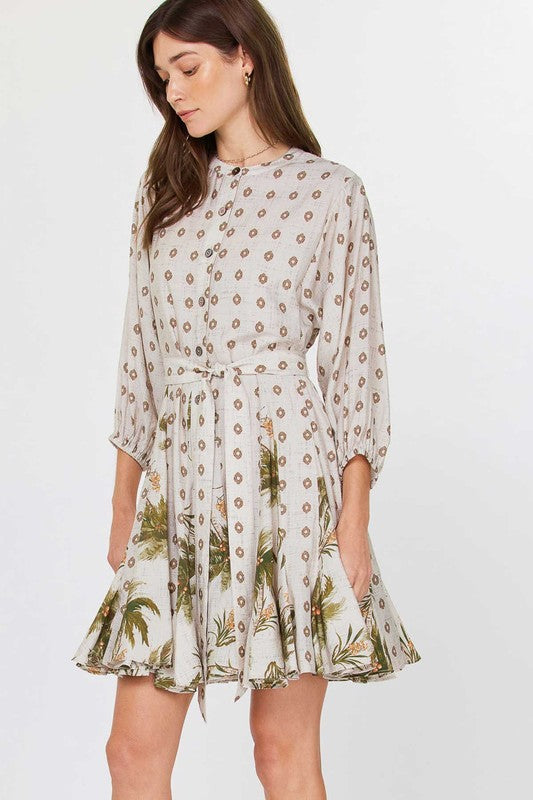Printed Swing Dress with Coordinating Sash in sand by Current Air