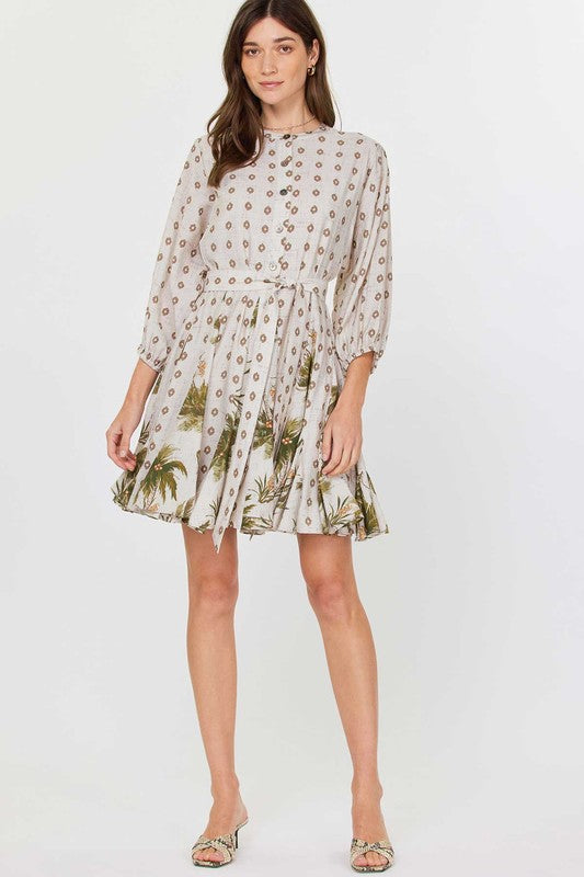 Printed Swing Dress with Coordinating Sash in sand by Current Air