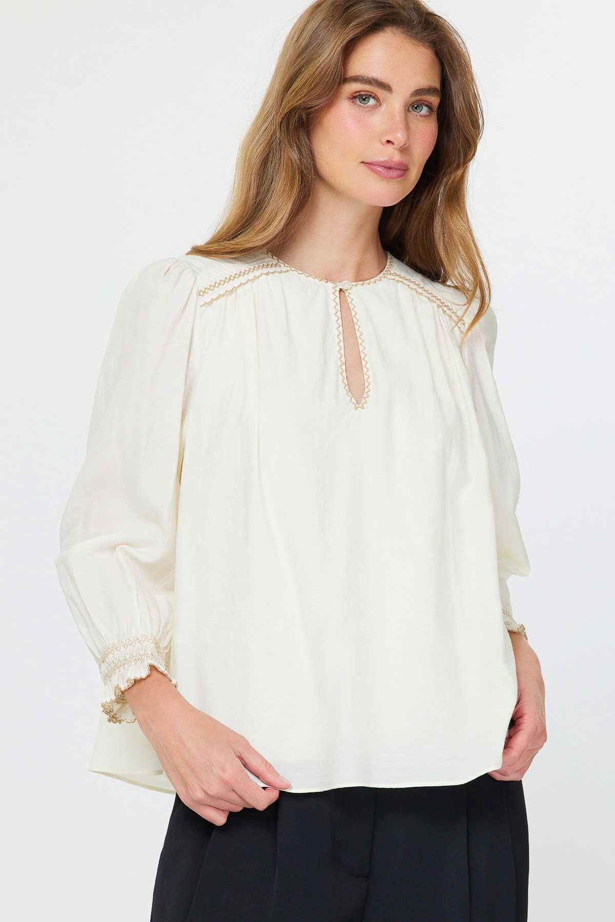 Round Neck Keyhole 3/4 Sleeve with Contrast Embroidery in natural by Current Air