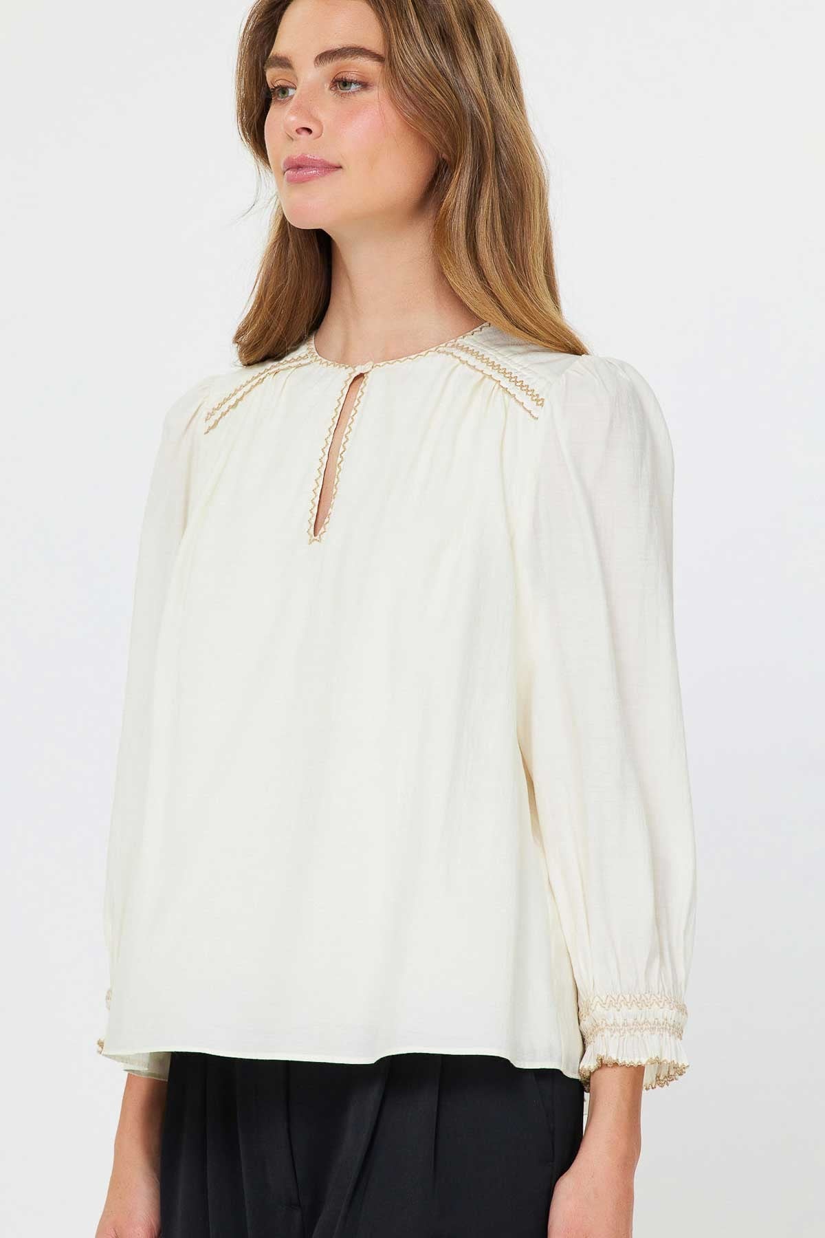 Round Neck Keyhole 3/4 Sleeve with Contrast Embroidery in natural by Current Air