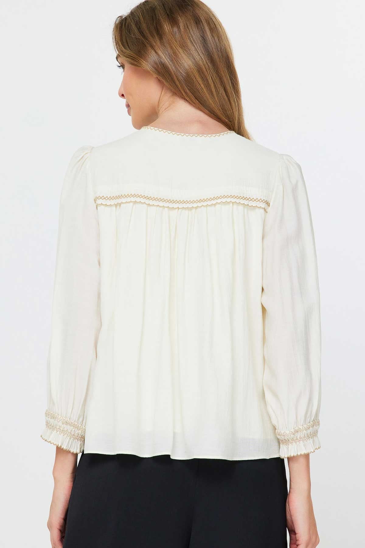 Round Neck Keyhole 3/4 Sleeve with Contrast Embroidery in natural by Current Air