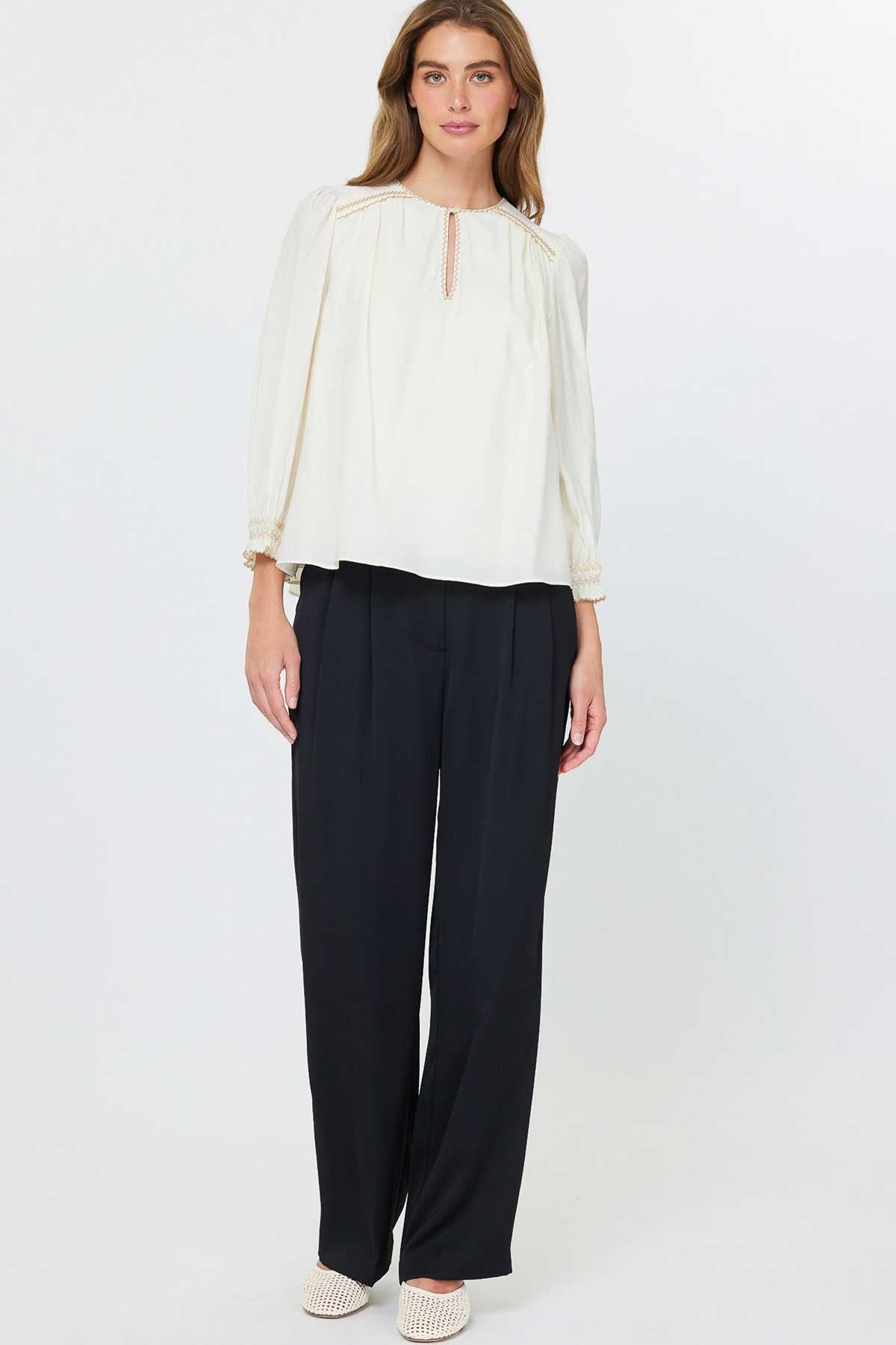 Round Neck Keyhole 3/4 Sleeve with Contrast Embroidery in natural by Current Air
