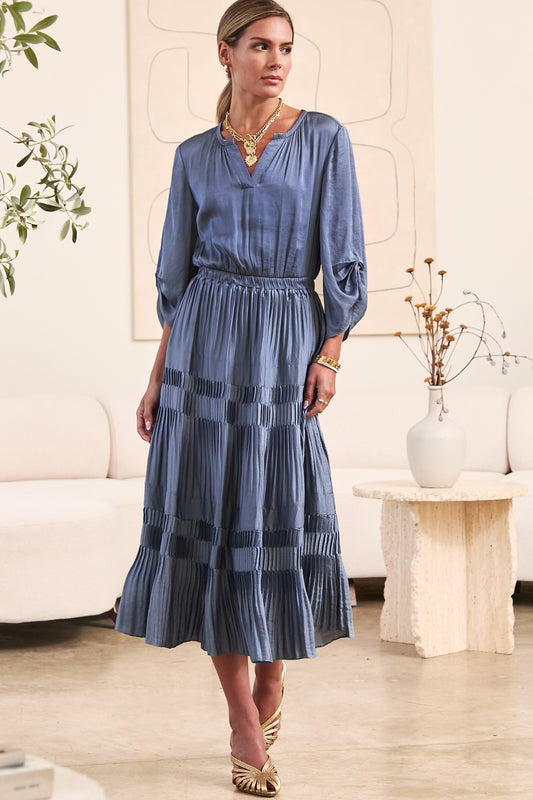Long Sleeve Split Neck Maxi Dress with Pleated Skirt in slate blue by Current Air