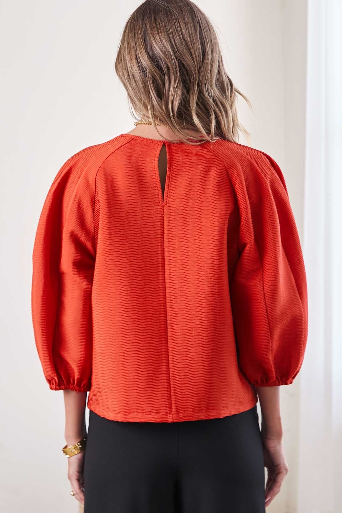 Round Neck Voluminous Paneled 3/4 Sleeve Blouse in amber by Current Air