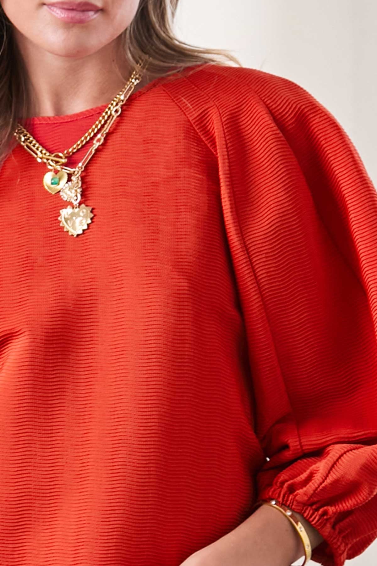 Round Neck Voluminous Paneled 3/4 Sleeve Blouse in amber by Current Air