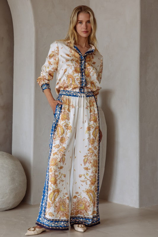 Silky Drawstring Print Pant in ivory by Skies are Blue