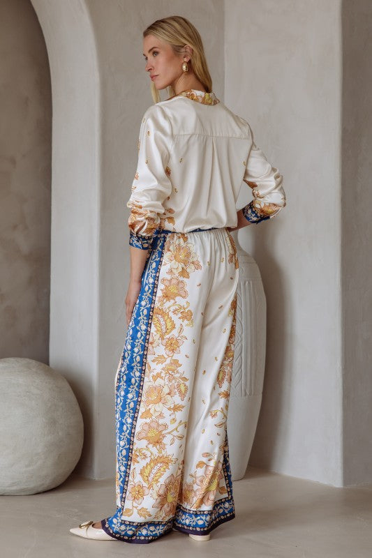 Silky Drawstring Print Pant in ivory by Skies are Blue