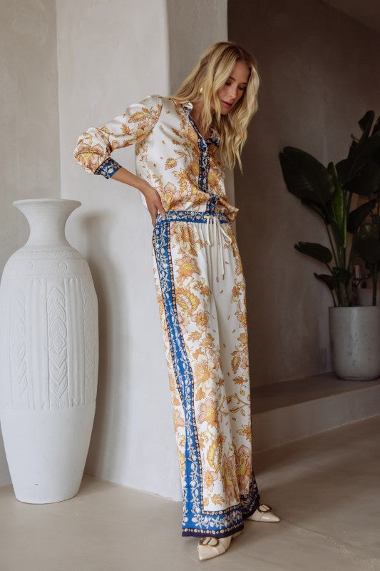 Silky Drawstring Print Pant in ivory by Skies are Blue