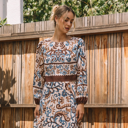 Long Sleeve Printed Blouse in ivory/brown/blue by Skies are Blue