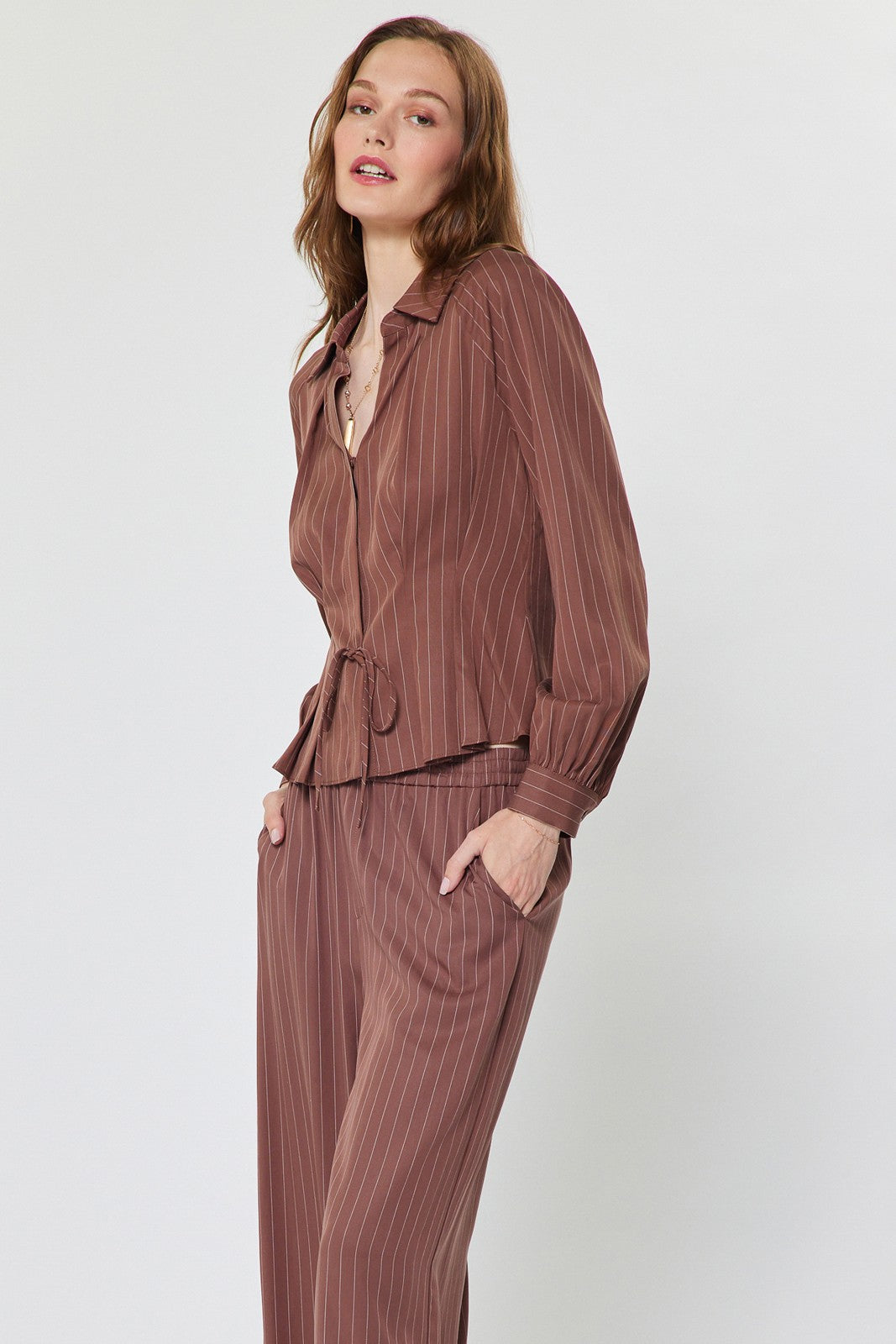 Stripe Button Up Blouse in mocha by Current Air