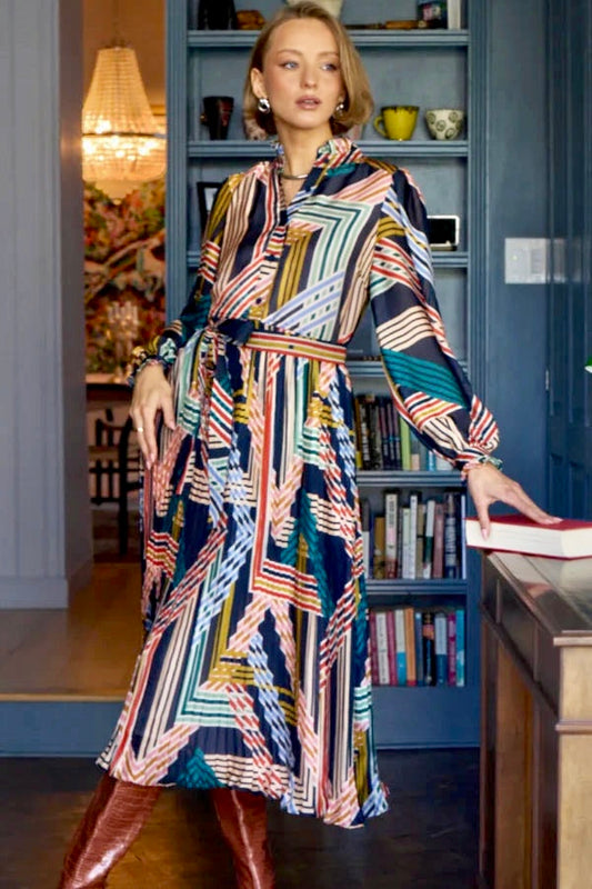 Geo Print Midi Dress with Pleated Skirt in multi by Stellah
