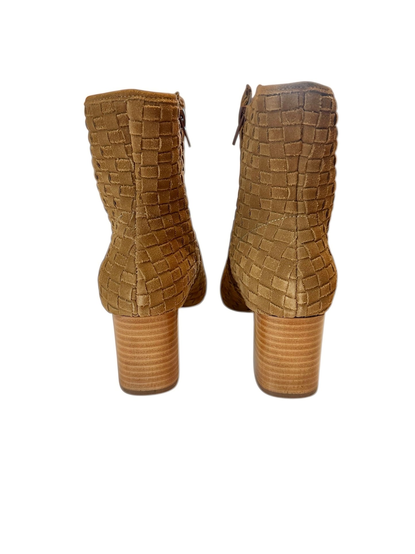 Henrietta Woven Suede Bootie in caramel by Bruno Menegatti