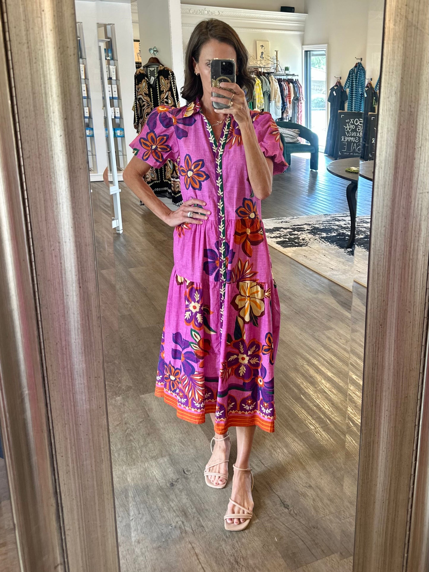Delia Printed Maxi Dress in mauve blossoms by Maude Vivante