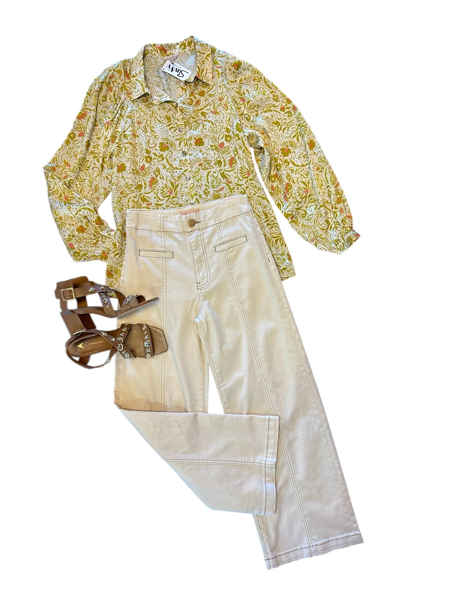 Long Sleeve Button Up Cheerful Printed Blouse in mustard by Esqualo