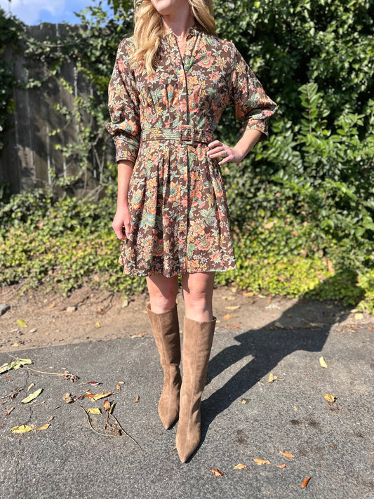 Cameron Printed Dress in wallflower brown by Elizabeth James