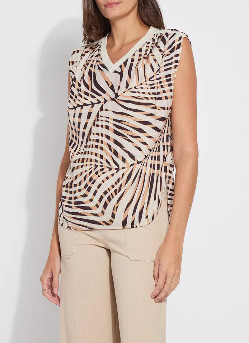 Aura Rib Trim Printed Top in pool side palm by Lysse