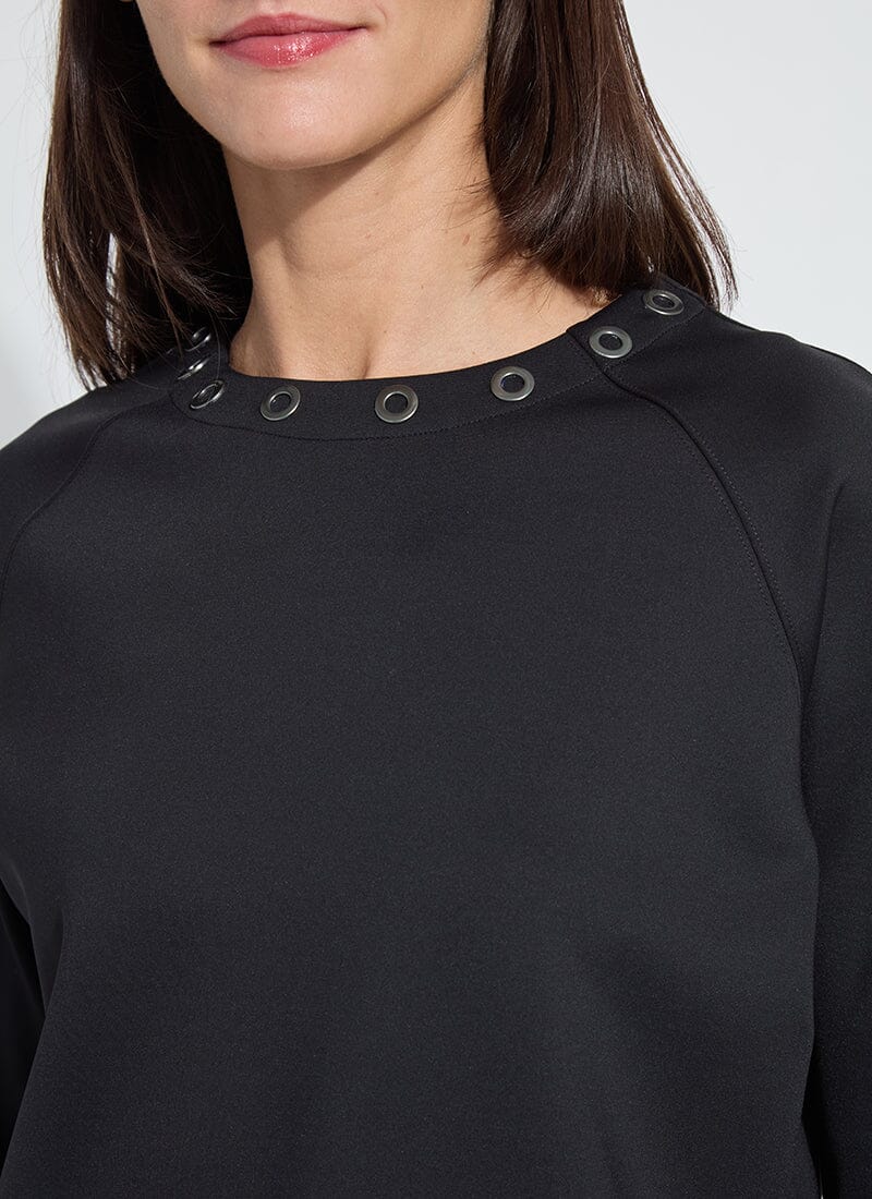 Desi Grommet Detail Neoprene Pullover in black by Lysse