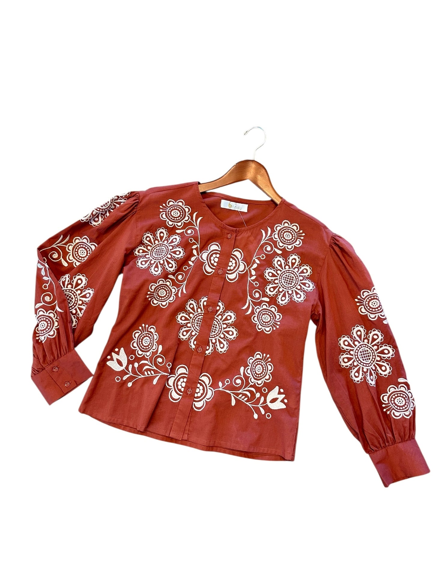 Egla Embroidered Blouse in terracotta by Bindu
