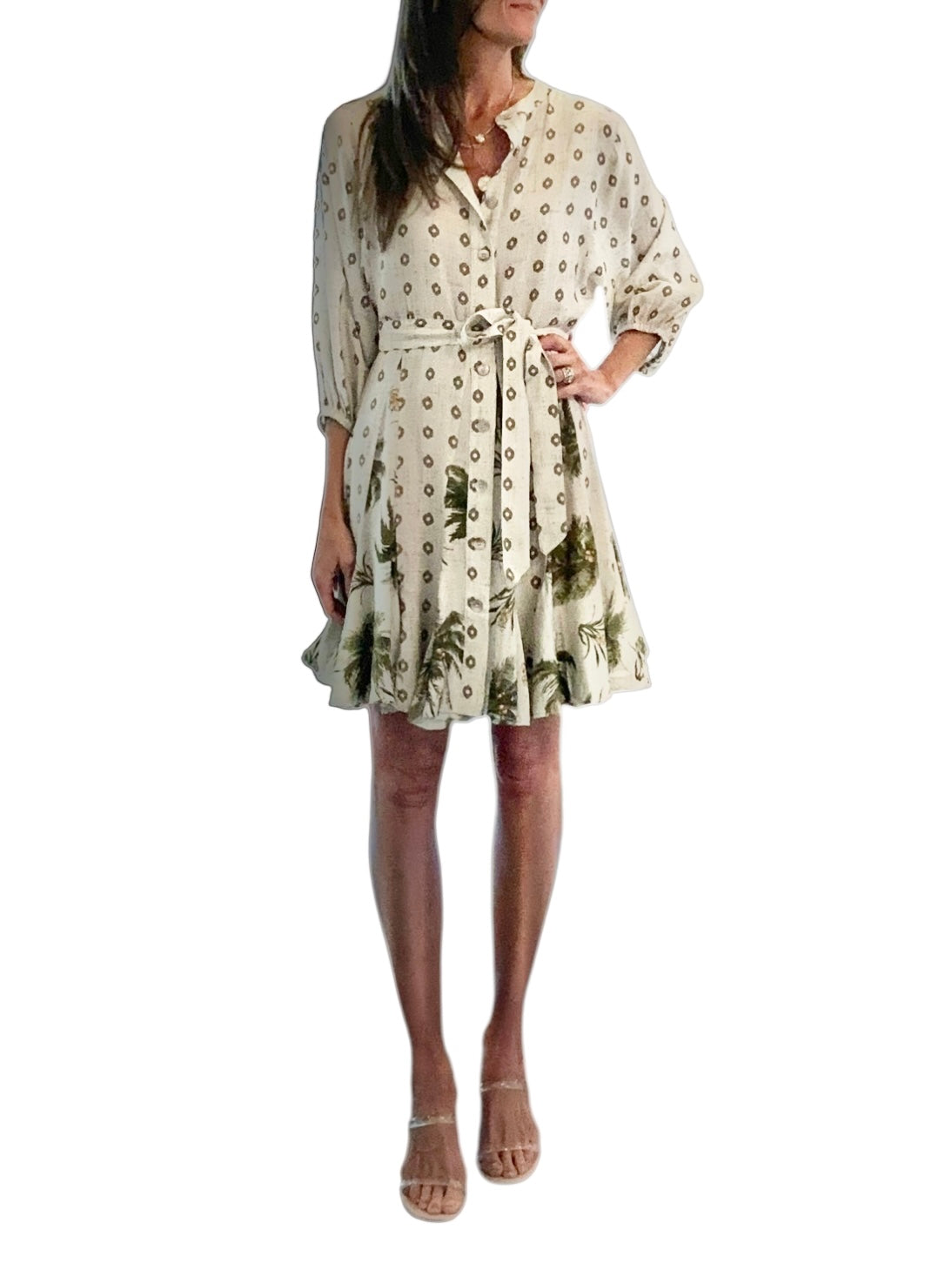 Printed Swing Dress with Coordinating Sash in sand by Current Air