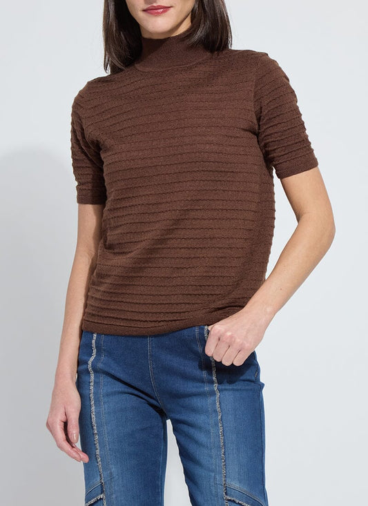 Lottie Smocked Mock Short Sleeve Sweater in polished wood by Lysse